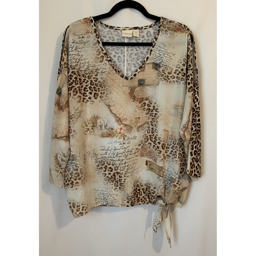 Chicos Size 2 Womens Large Top Safari Animal Print Tie Waist Cold Shoulder